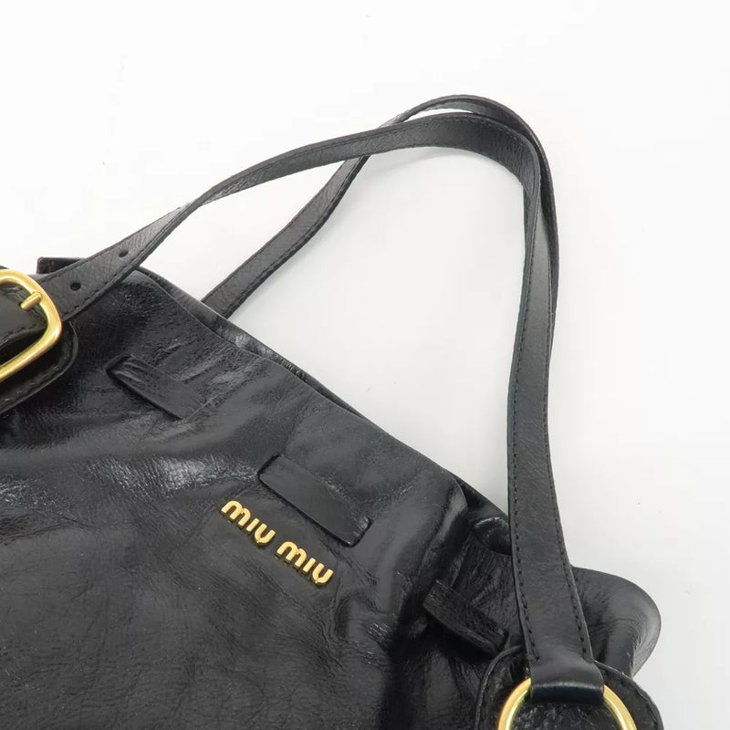 Authentic MIU MIU Logo Leather Tote Bag Shoulder Bag Black