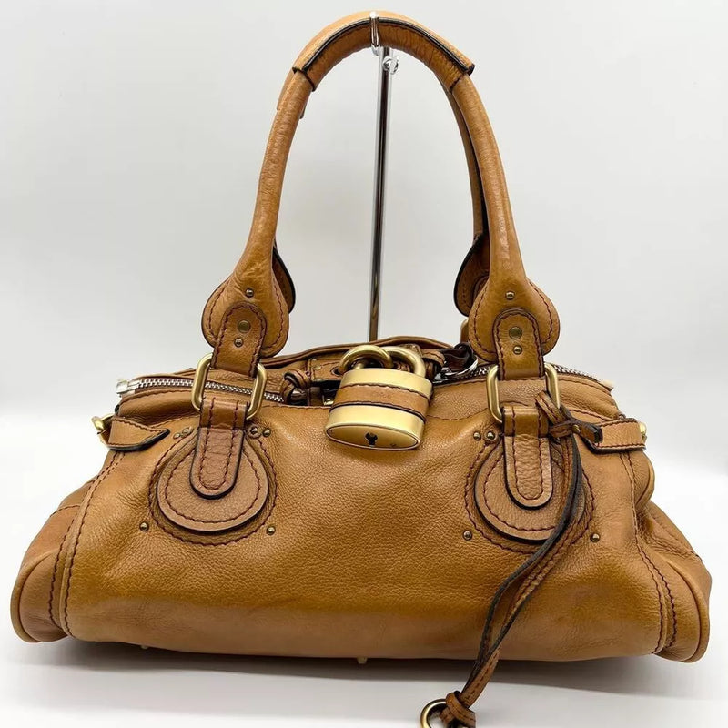 Chloe Camel Paddington Hand Shoulder Bag Leather Lock padlock Auth