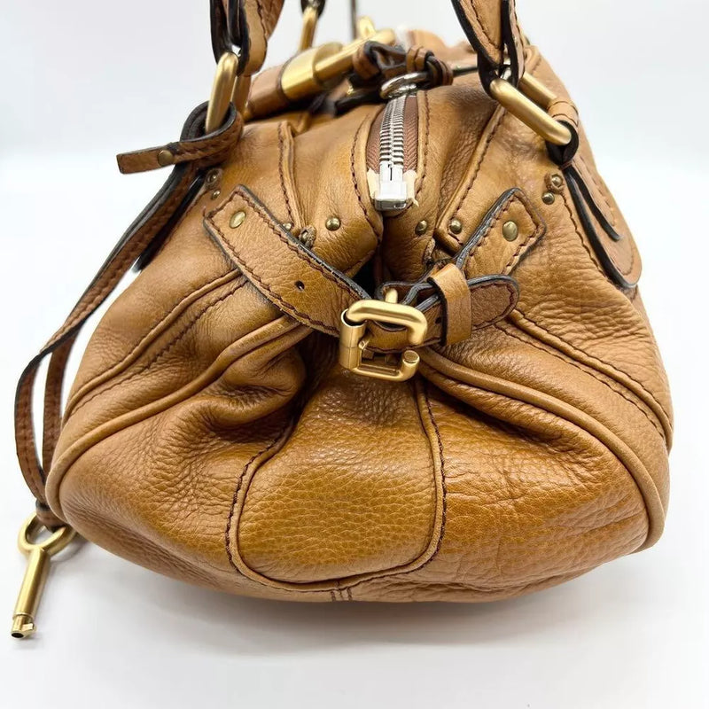 Chloe Camel Paddington Hand Shoulder Bag Leather Lock padlock Auth