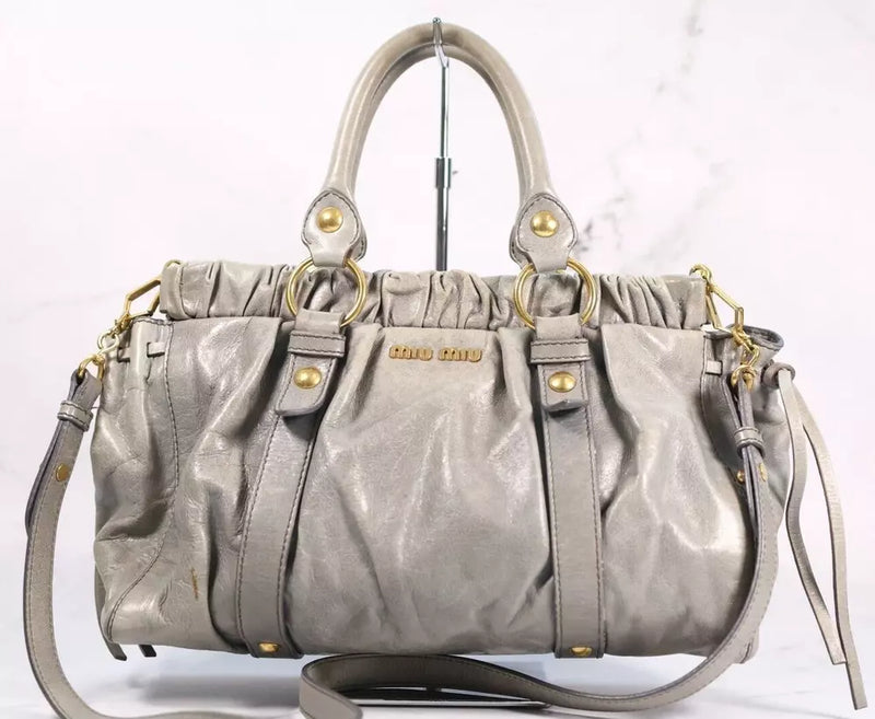 Miu Miu 2way shoulder had bag gather gray leather Authentic